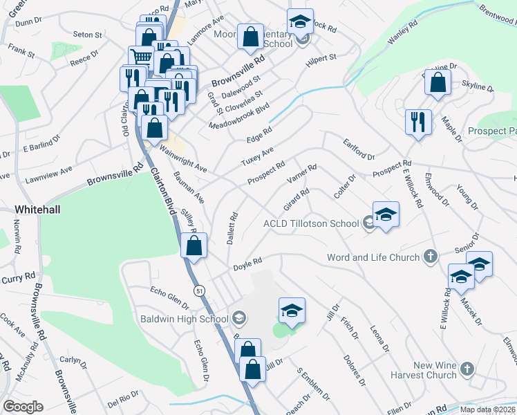map of restaurants, bars, coffee shops, grocery stores, and more near 4519 Wainwright Avenue in Pittsburgh