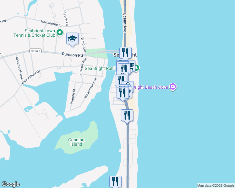 map of restaurants, bars, coffee shops, grocery stores, and more near 14 South Street in Sea Bright