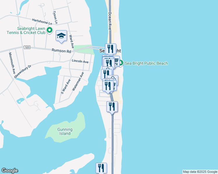 map of restaurants, bars, coffee shops, grocery stores, and more near in Sea Bright
