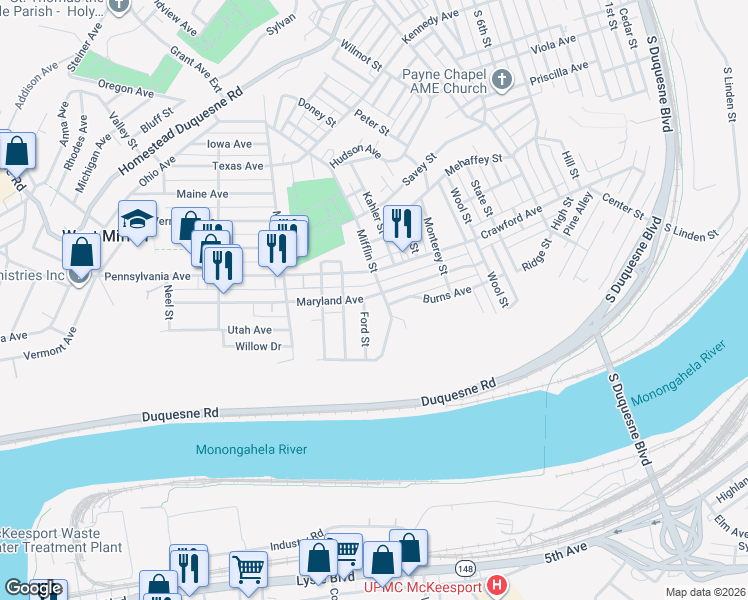 map of restaurants, bars, coffee shops, grocery stores, and more near 1413 Pennsylvania Avenue in West Mifflin