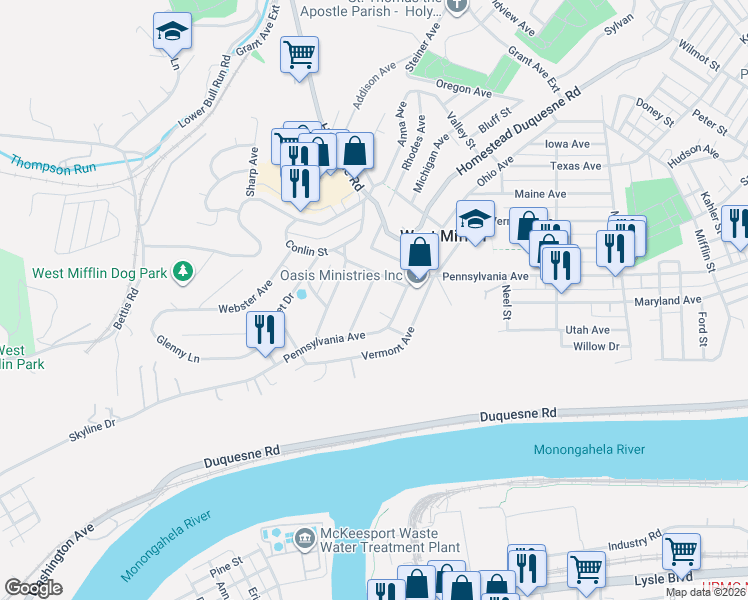 map of restaurants, bars, coffee shops, grocery stores, and more near 2103 Carolina Avenue in West Mifflin
