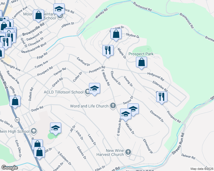 map of restaurants, bars, coffee shops, grocery stores, and more near 4828 East Willock Road in Pittsburgh