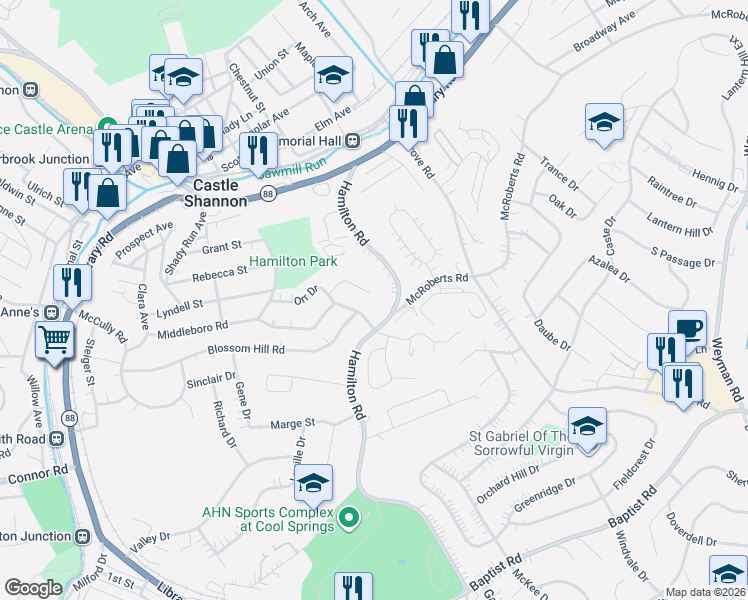 map of restaurants, bars, coffee shops, grocery stores, and more near 3410 Lockridge Road in Pittsburgh