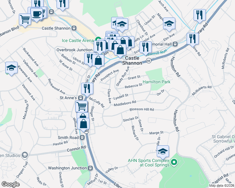map of restaurants, bars, coffee shops, grocery stores, and more near 1239 Clara Street in Pittsburgh