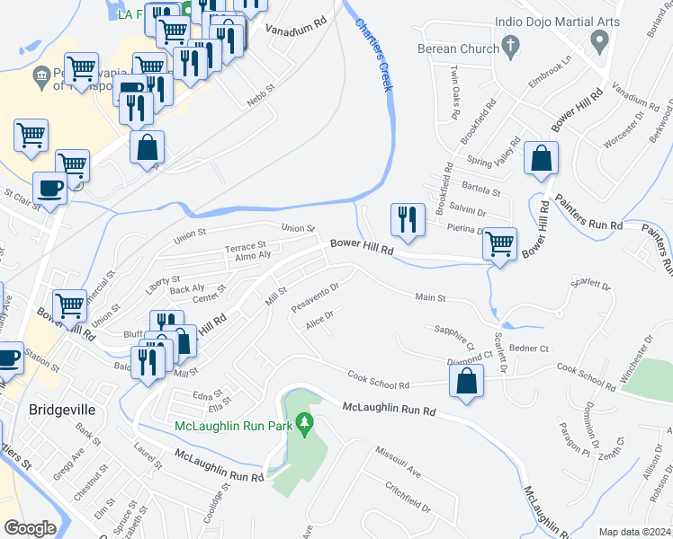map of restaurants, bars, coffee shops, grocery stores, and more near 1414 Bower Hill Road in Bridgeville