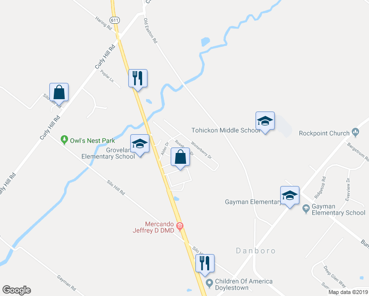 map of restaurants, bars, coffee shops, grocery stores, and more near Roseberry Drive in Bucks County