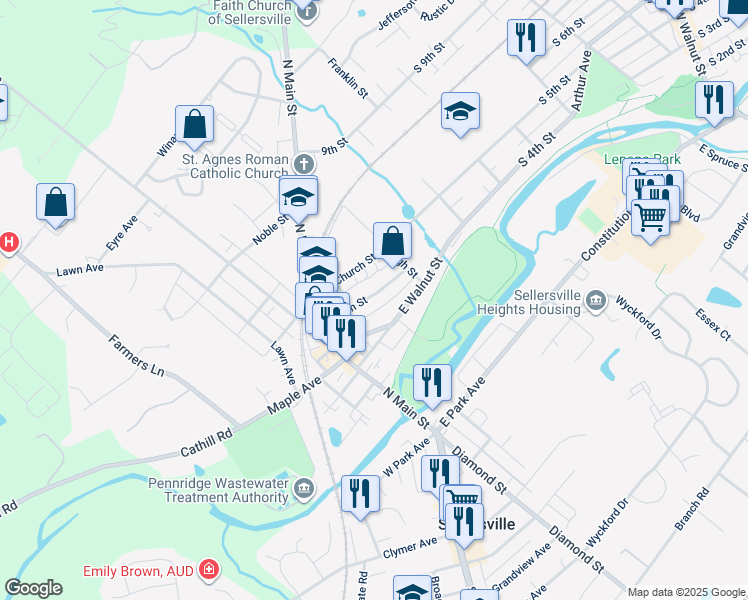 map of restaurants, bars, coffee shops, grocery stores, and more near 124 Green Street in Sellersville