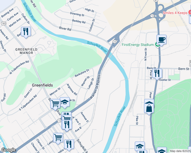 map of restaurants, bars, coffee shops, grocery stores, and more near 848 Lehigh Street in Reading