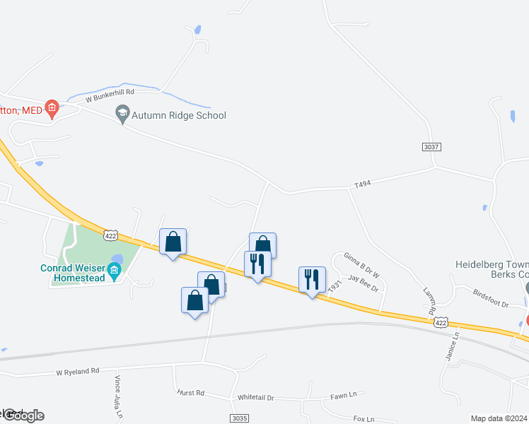 map of restaurants, bars, coffee shops, grocery stores, and more near 273 Hill Road in Robesonia