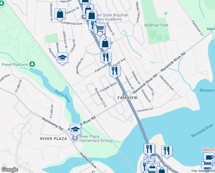map of restaurants, bars, coffee shops, grocery stores, and more near 60 Wilson Circle East in Red Bank