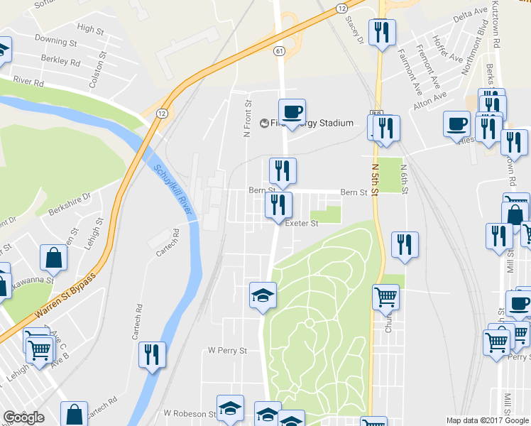 map of restaurants, bars, coffee shops, grocery stores, and more near 1715 Pear Street in Reading