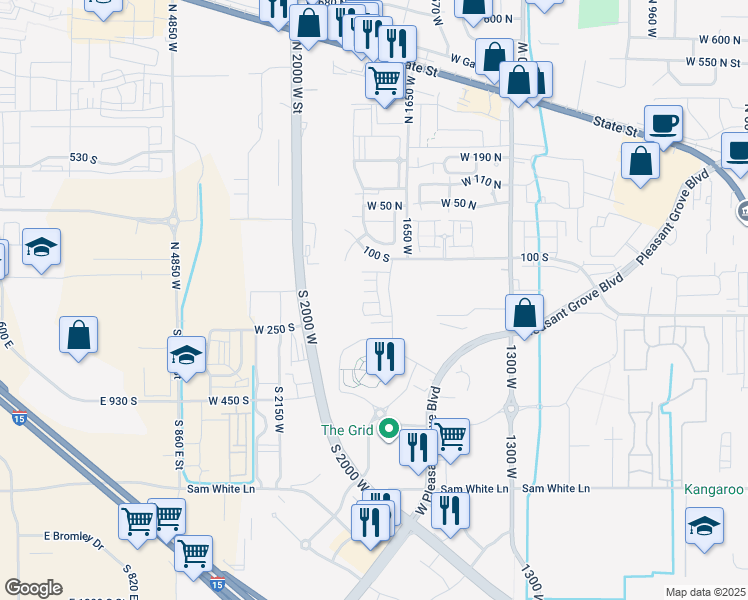map of restaurants, bars, coffee shops, grocery stores, and more near 1798 West 120 South in Pleasant Grove