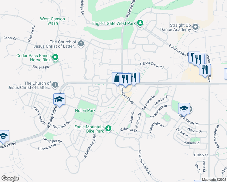 map of restaurants, bars, coffee shops, grocery stores, and more near 7948 Dundee Drive in Eagle Mountain