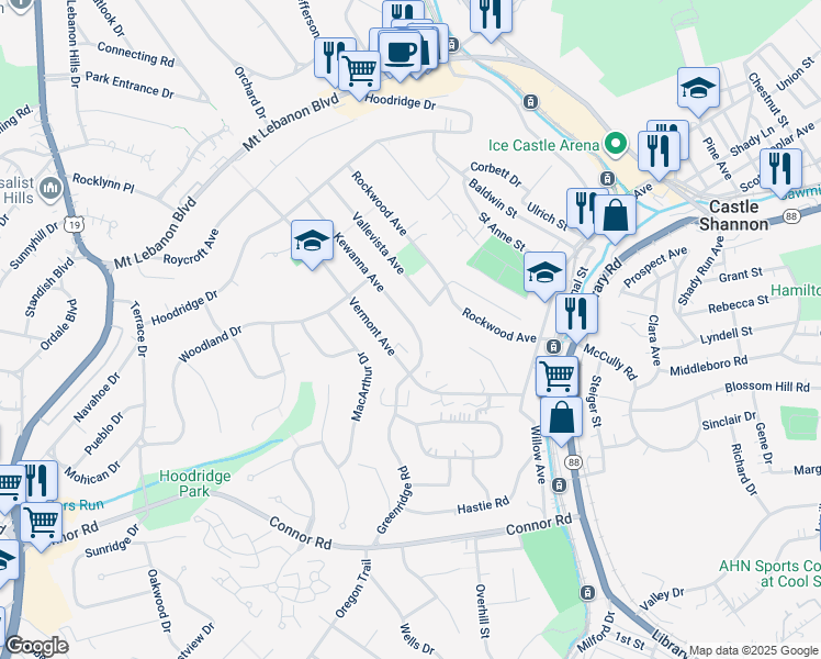 map of restaurants, bars, coffee shops, grocery stores, and more near 1000 Vermont Avenue in Mount Lebanon