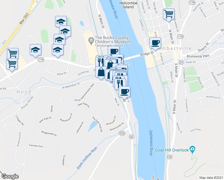map of restaurants, bars, coffee shops, grocery stores, and more near 106 New Street in New Hope