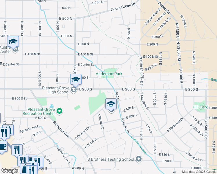 map of restaurants, bars, coffee shops, grocery stores, and more near 897 East 200 South in Pleasant Grove