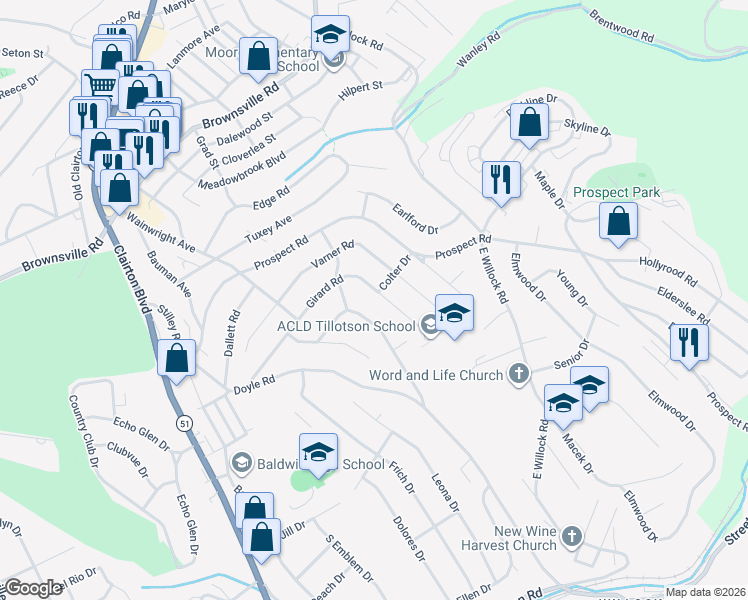 map of restaurants, bars, coffee shops, grocery stores, and more near 1287 Girard Road in Pittsburgh