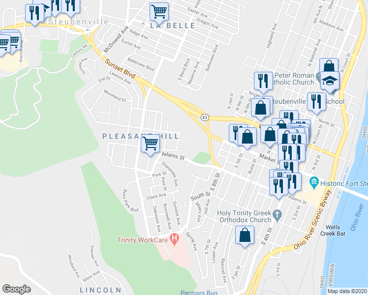 map of restaurants, bars, coffee shops, grocery stores, and more near 1105 State Street in Steubenville