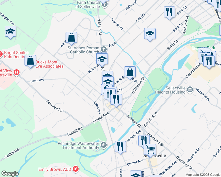 map of restaurants, bars, coffee shops, grocery stores, and more near 14 East Church Street in Sellersville
