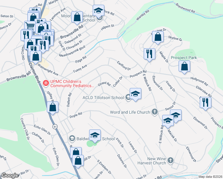map of restaurants, bars, coffee shops, grocery stores, and more near 1287 Girard Road in Pittsburgh