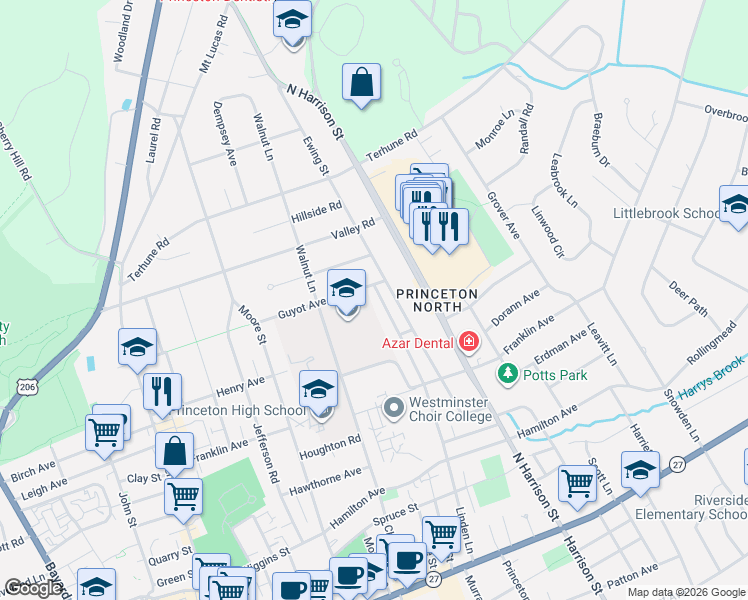 map of restaurants, bars, coffee shops, grocery stores, and more near 340 Ewing Street in Princeton