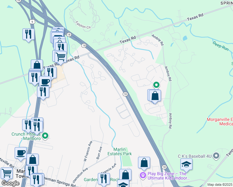 map of restaurants, bars, coffee shops, grocery stores, and more near 8 Enclosure Drive in Marlboro