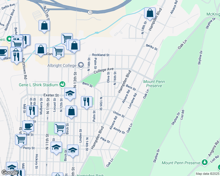 map of restaurants, bars, coffee shops, grocery stores, and more near 1730 North 16th Street in Reading
