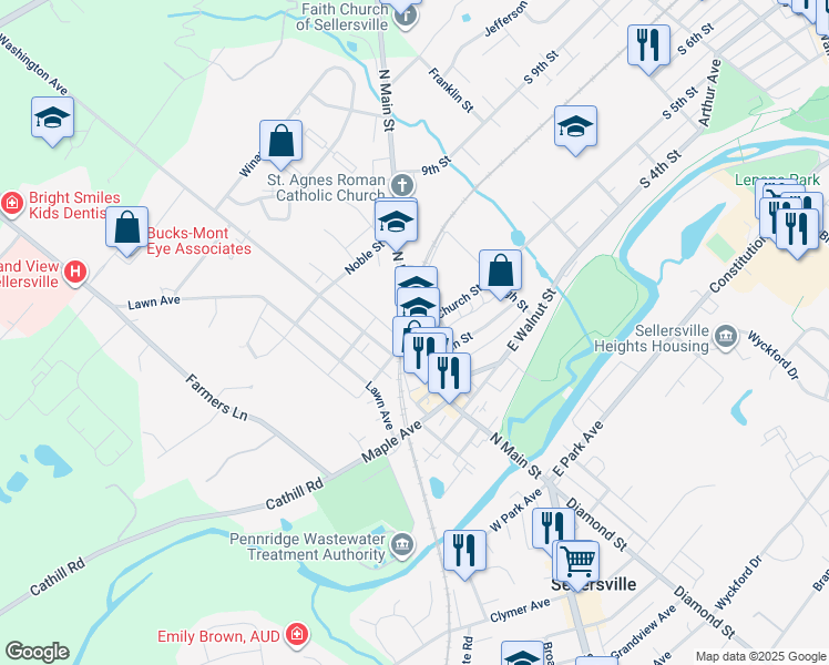 map of restaurants, bars, coffee shops, grocery stores, and more near 14 East Church Street in Sellersville
