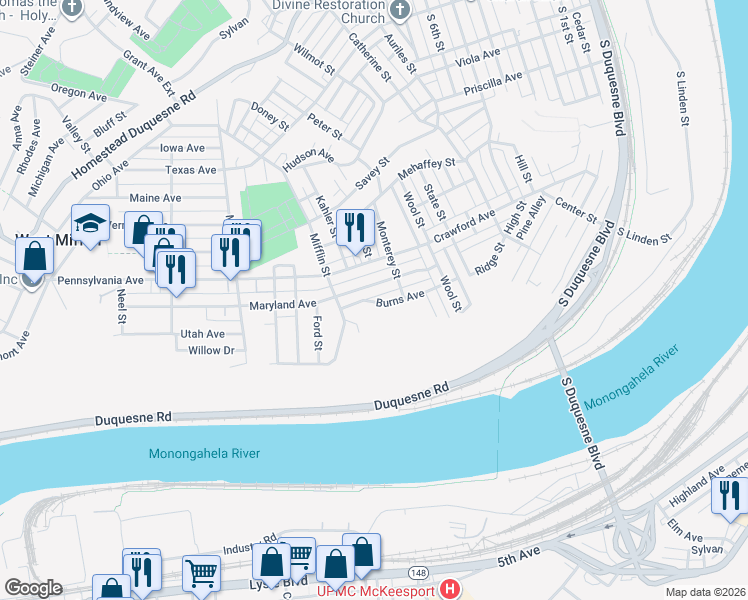 map of restaurants, bars, coffee shops, grocery stores, and more near 1109 Maryland Avenue in Duquesne