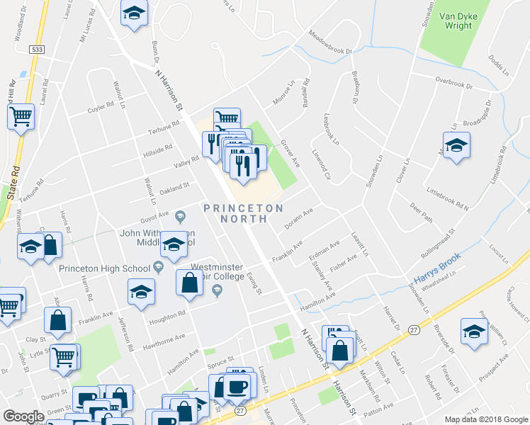 map of restaurants, bars, coffee shops, grocery stores, and more near 28 Clearview Avenue in Princeton