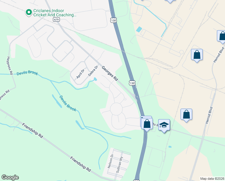 map of restaurants, bars, coffee shops, grocery stores, and more near 2 Valley Court in South Brunswick Township