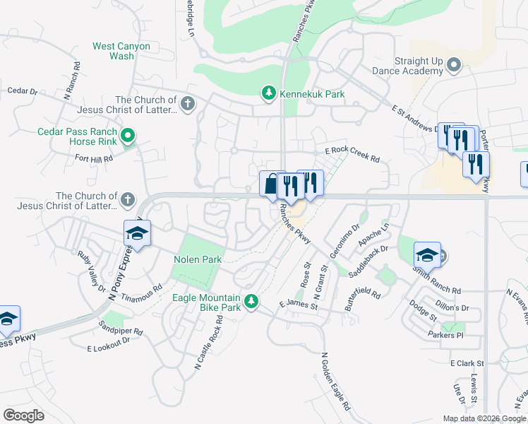 map of restaurants, bars, coffee shops, grocery stores, and more near 3429 Dundee Drive in Eagle Mountain