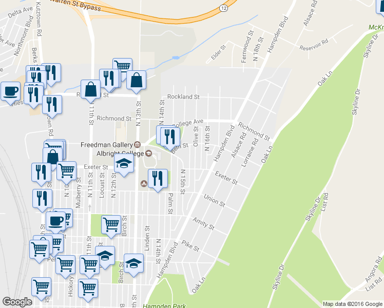 map of restaurants, bars, coffee shops, grocery stores, and more near 1720 Olive Street in Reading
