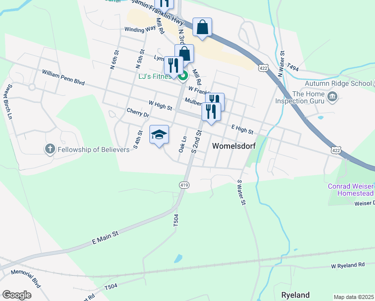 map of restaurants, bars, coffee shops, grocery stores, and more near 120 South 2nd Street in Womelsdorf