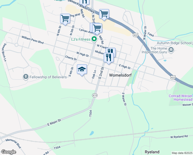 map of restaurants, bars, coffee shops, grocery stores, and more near 120 South 2nd Street in Womelsdorf
