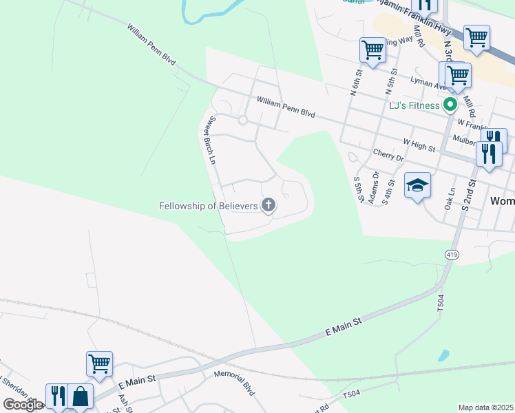 map of restaurants, bars, coffee shops, grocery stores, and more near 53 Rosebush Court in Womelsdorf