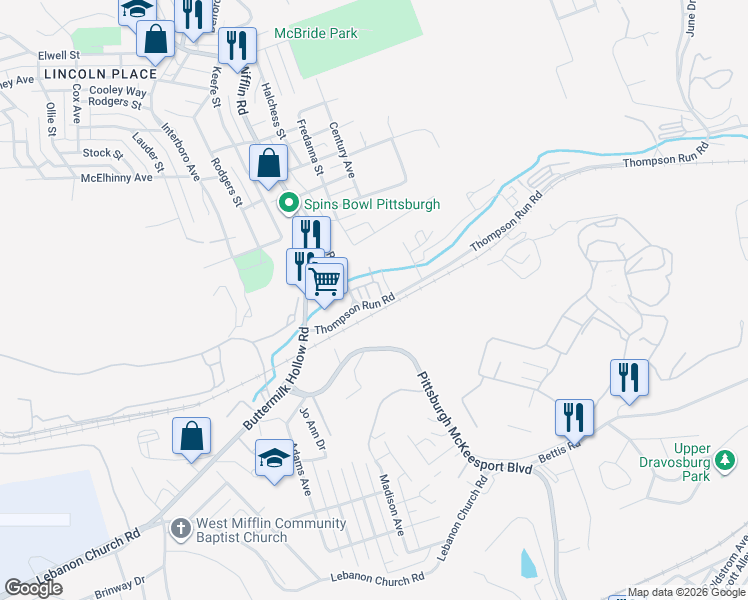 map of restaurants, bars, coffee shops, grocery stores, and more near in West Mifflin