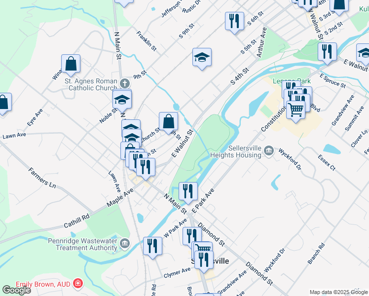map of restaurants, bars, coffee shops, grocery stores, and more near 161 East Walnut Street in Sellersville
