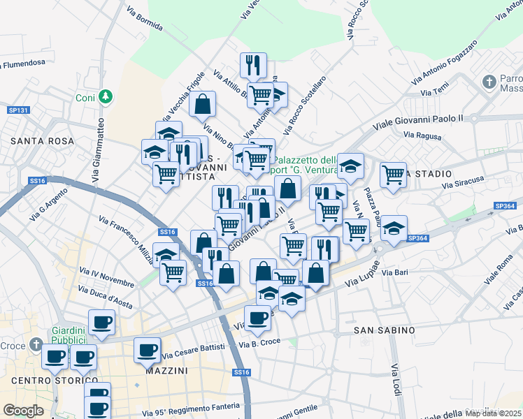 map of restaurants, bars, coffee shops, grocery stores, and more near Piazzetta Salvatore Quasimodo in Lecce