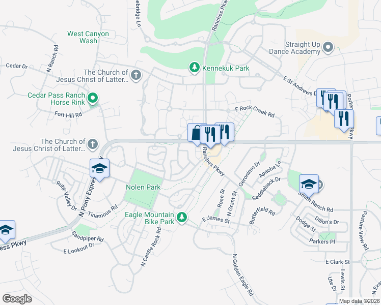 map of restaurants, bars, coffee shops, grocery stores, and more near 3429 Dundee Drive in Eagle Mountain
