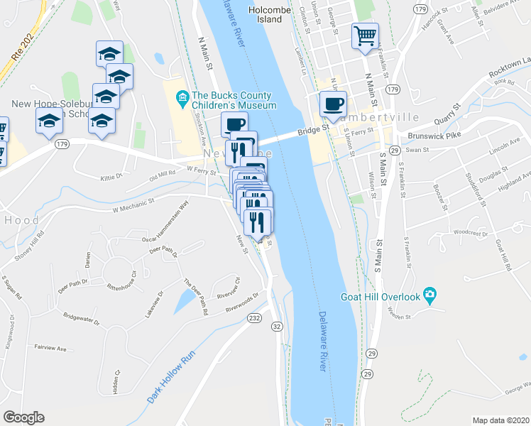 map of restaurants, bars, coffee shops, grocery stores, and more near 8 Waterloo Street in New Hope