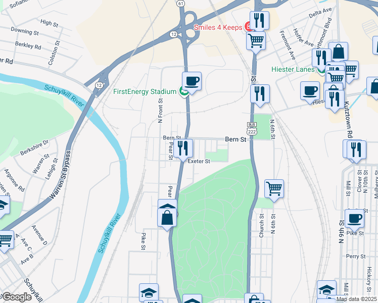map of restaurants, bars, coffee shops, grocery stores, and more near 1740 Centre Avenue in Reading