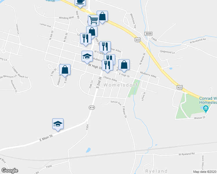 map of restaurants, bars, coffee shops, grocery stores, and more near 102 South Front Street in Womelsdorf