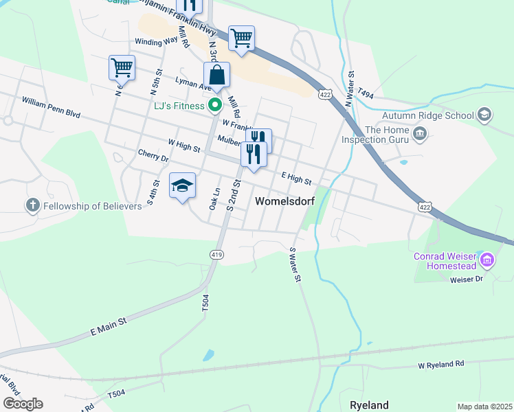 map of restaurants, bars, coffee shops, grocery stores, and more near 102 South Front Street in Womelsdorf