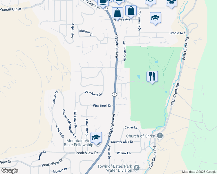 map of restaurants, bars, coffee shops, grocery stores, and more near 1041 South Saint Vrain Avenue in Estes Park