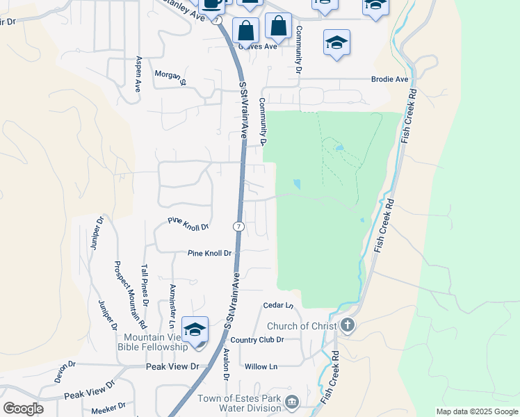 map of restaurants, bars, coffee shops, grocery stores, and more near 1121 Fairway Club Circle in Estes Park