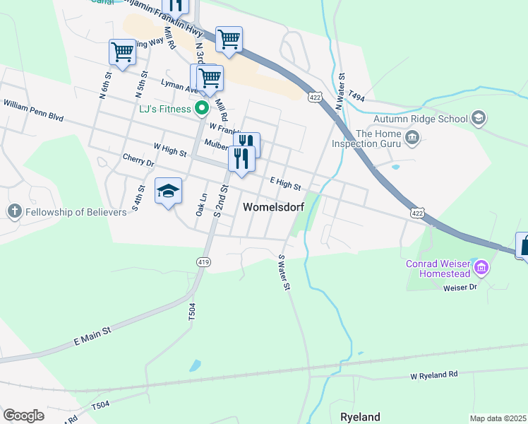 map of restaurants, bars, coffee shops, grocery stores, and more near 43 South Front Street in Womelsdorf