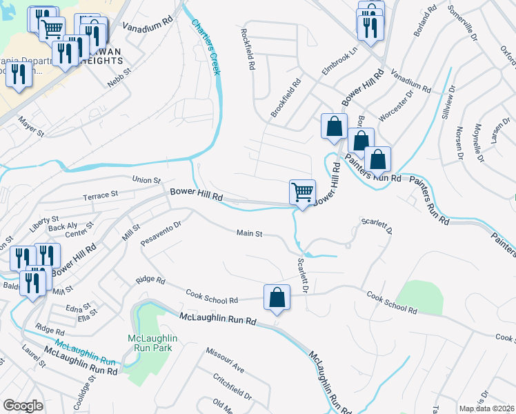 map of restaurants, bars, coffee shops, grocery stores, and more near Bower Hill Rd in Upper St Clair