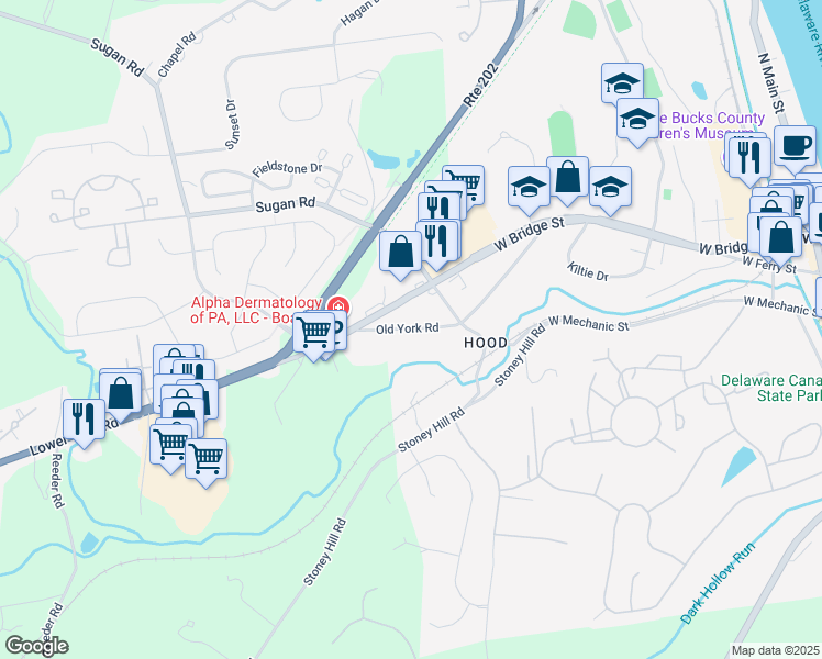 map of restaurants, bars, coffee shops, grocery stores, and more near 152 Old York Road in New Hope
