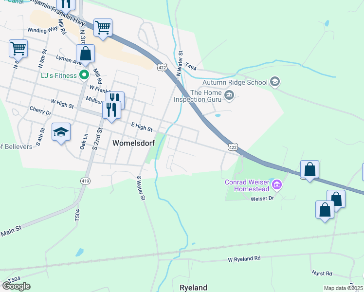 map of restaurants, bars, coffee shops, grocery stores, and more near 146 East High Street in Womelsdorf